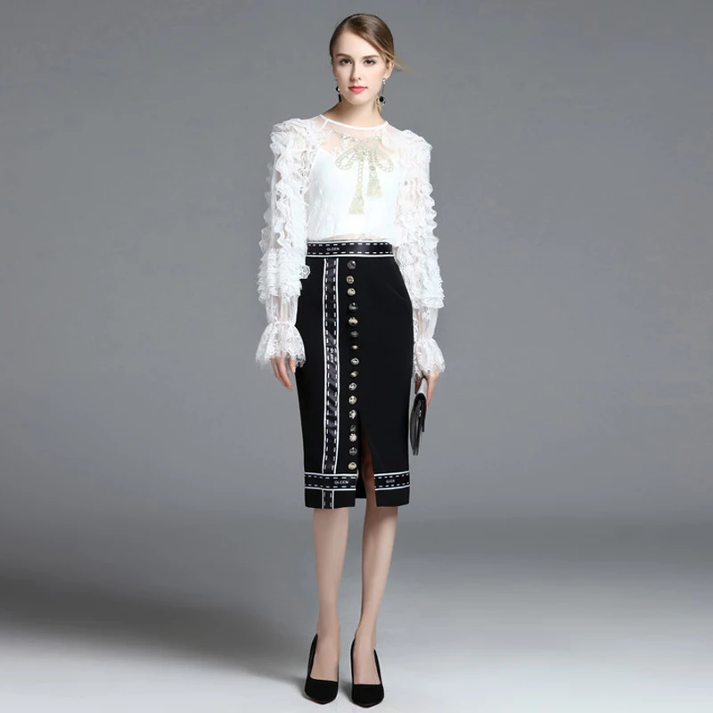 Conjunto 2 pcs de alta qualidade 2017 Designer de Moda de luxo Elegante das Mulheres Luva cheia Bege Tops Lace + Botão Ocasional Conjunto Terno de Saia