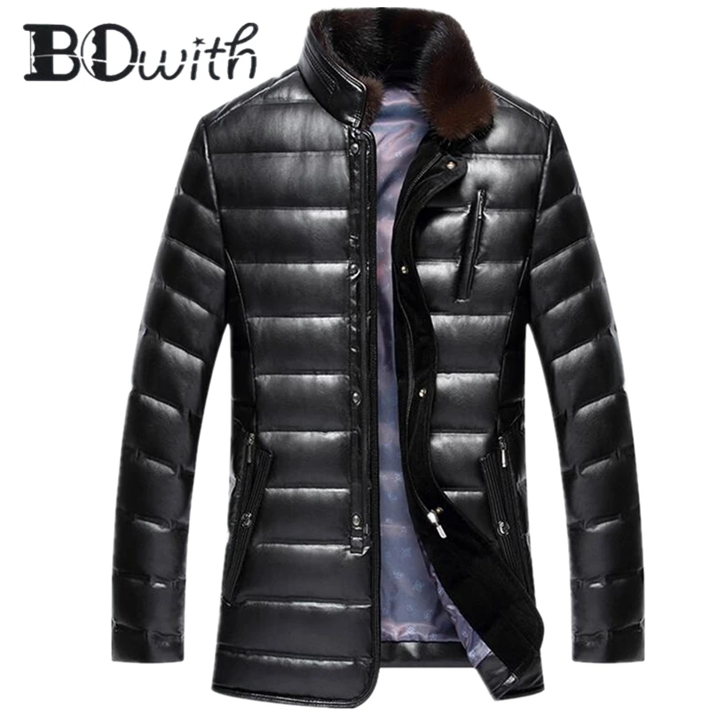 90% Goose Solid Duck Down Coat For Men Woolen Collar Leather ...