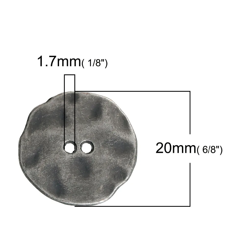 DoreenBeads, цинковый сплав, металлические пуговицы для шитья, неправильное античное серебро, 2 отверстия, круглые 20 мм(6/") x 19 мм(6/8"), 2 шт