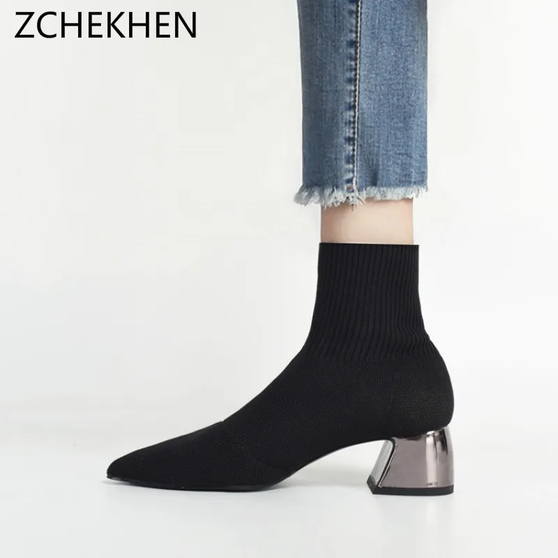 

Luxury Brand Design Knitted Elastic Socks Boots Medium Heeled Short Boots Women Point Toe Ankle Boots