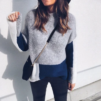 

Women Winter Multicolor Patchwork Fashion knitted Sweater Ladies Pullover Jumper truien dames Tops pull femme hiver Steetwear