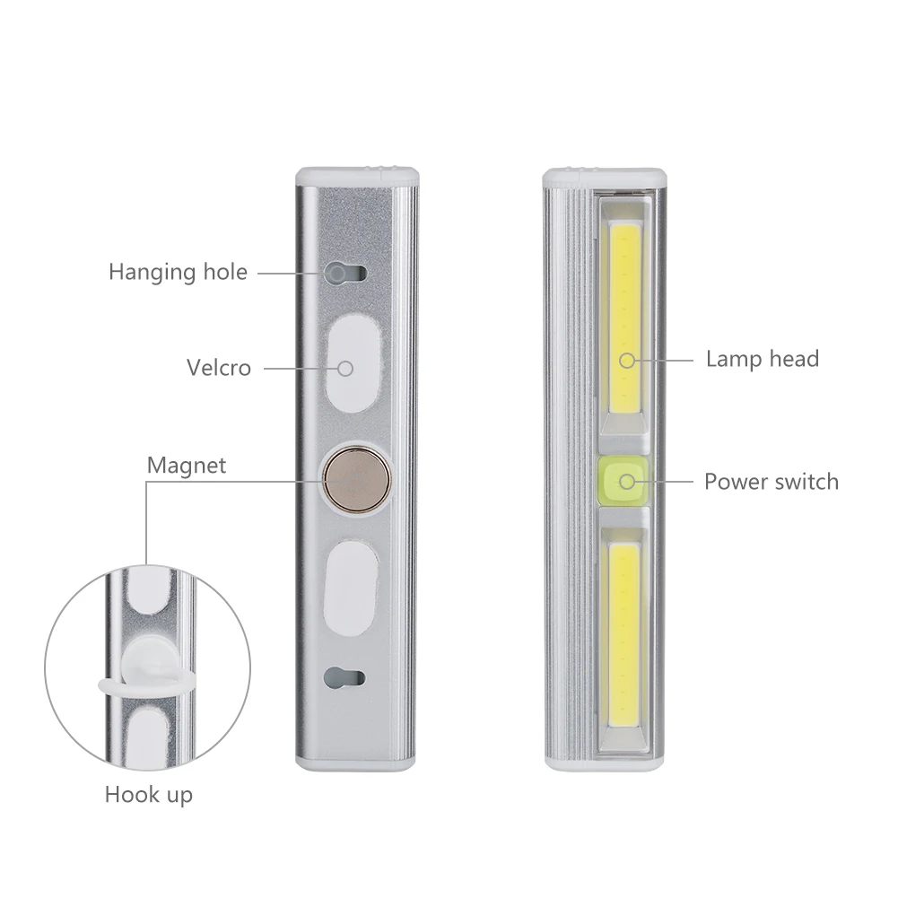 2 режима COB светодиодный ночной Светильник для шкафа, на батарейках, в любом месте, Ночной светильник с магнитным крюком