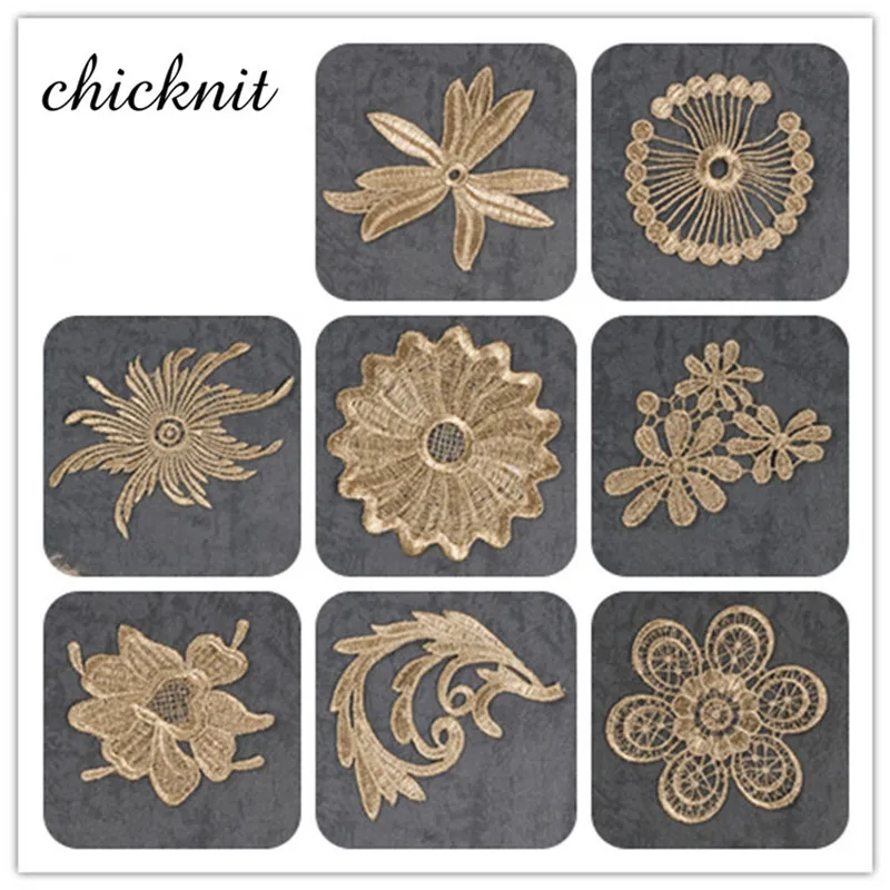 

CHICKNIT 5 pieces Gold Embroidery Venice Flower Lace Applique Sew On for cloth