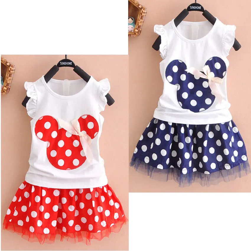 

2019 New Summer Kids Baby Girl Minnie Outfits Children Baby Girls Dresses Clothes Sleeveless T-shirt Tops Polka Dot Party