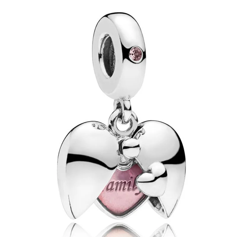 

New 925 Sterling Silver Bead Charm Pink Enamel Two Halves Family Heart Pendant Beads Fit Pandora Bracelet Bangle Diy Jewelry