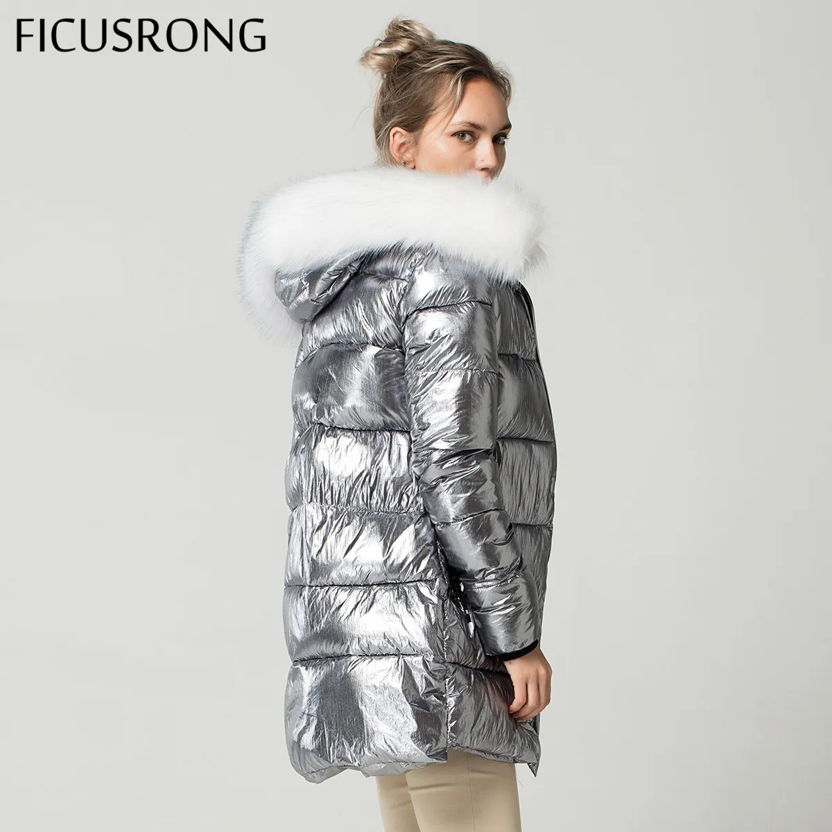 Elegant White Fur Collar Coat Winter Jacket Women Long Down Parkas Female Warm Hooded Jacket Coat Silver Gray 2018 New FICUSRONG