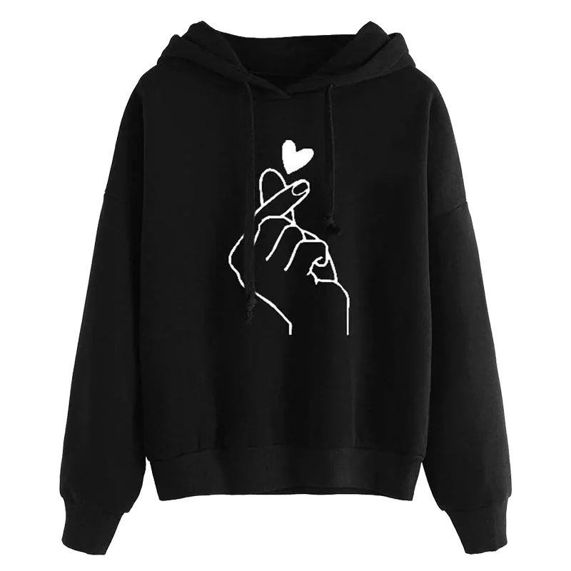 Autumn Harajuku Women's Sweatshirt Hoody Ladies Oversize Pop Yellow Love Heart Finger Hood Casual B Hoodies for Women Girls - Цвет: Черный