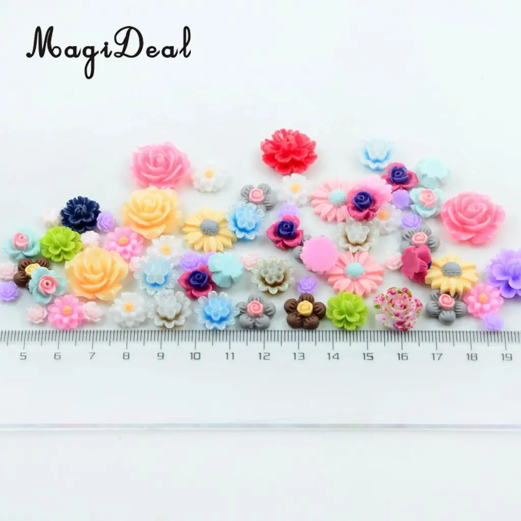 MagiDeal 50Pcs Assorted Colors Size Resin Rose Flower Carving Rose Flower Beads Accessories Synthetic stone material 