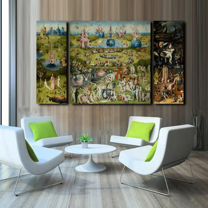 3 шт., печать на холсте, настенная живопись-Hieronymus Bosch, известная картина маслом, Сад земных прелестей, принты на холсте, домашний декор