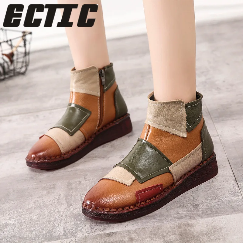 

QWEDF Genuine Leather Flat Shoe Pregnant Women Boots Mother Driving Shoe Female Moccasins Women Flats Hand-Sewing Boots MJ-48