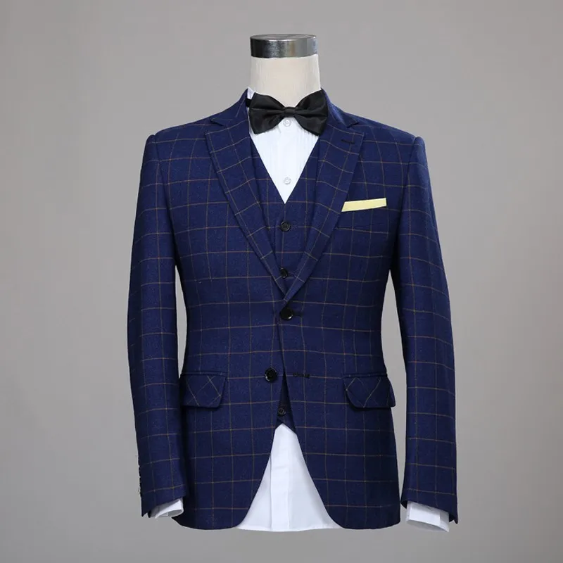 Buy Navy Blue Classic Tweed Custom Made Wool Men Suits