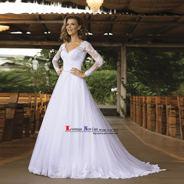vestido de novia barato de encaje barato una línea de vestidos de