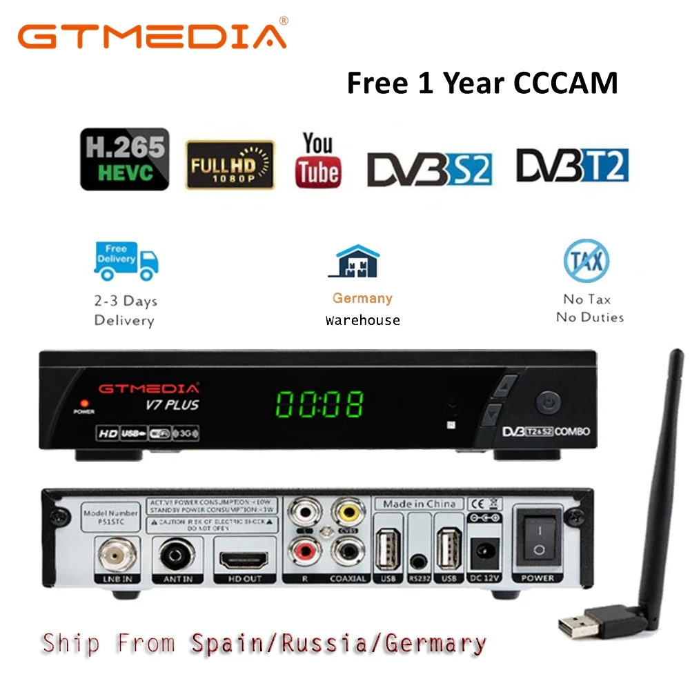 GTmedia V7 Plus DVB-S/S2+T/T2 DVB-T2 Satellite Receiver HD 1080P DVB T2 Tuner with usb Wifi dongle Antenna Support Clines Europe