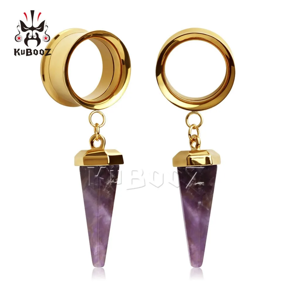 Kubooz piercing stainless steel ear gauges piercing body jewelry dangle stone ear tunnels double flared plugs expander