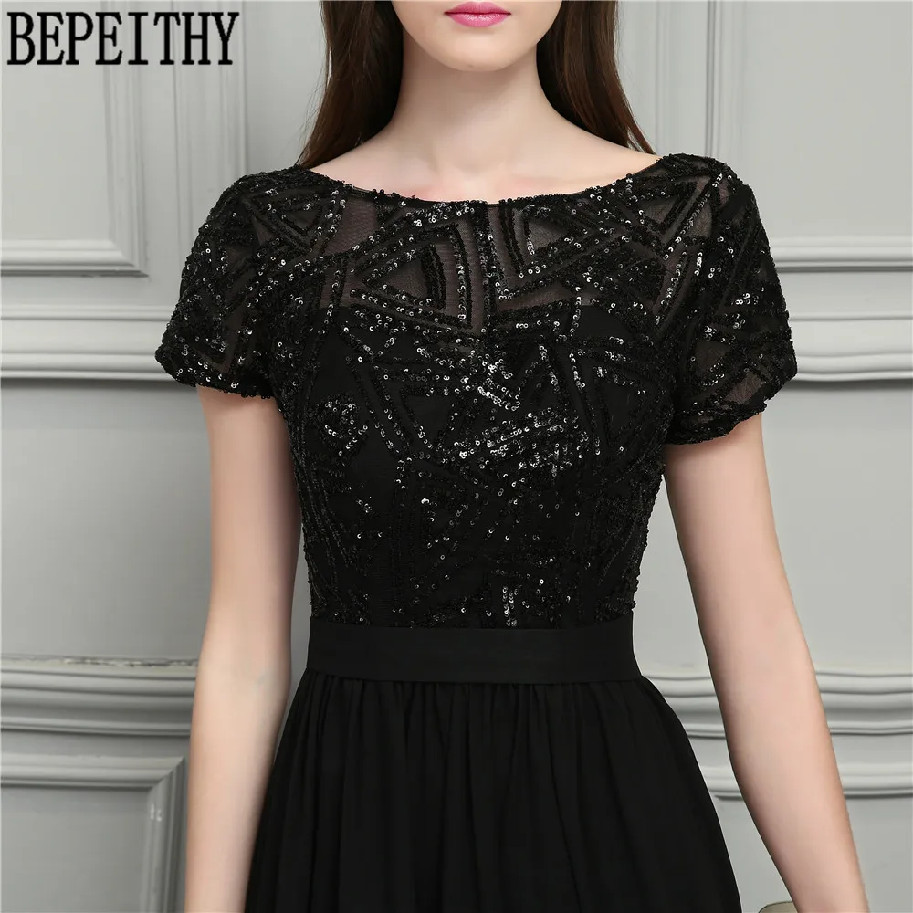 BEPEITHY vestido de festa Longo Scoop короткий рукав черный блёстки шифон Длинные мать невесты платья, выпускное платье 2019