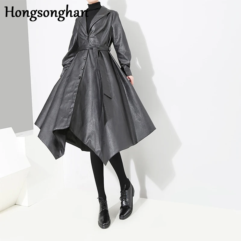 

Hongsonghan 2018 women's wear autumn winter new lace up belt collection waist suit collar A-line black leather dress coat tide