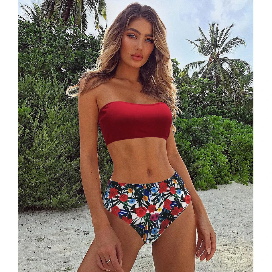 New Bandeau Bikini Set Women High Waist Bikinis Brazilian Biquini Swimsuit Floral Printed Swimsuit Beach Wear Bathing Suit