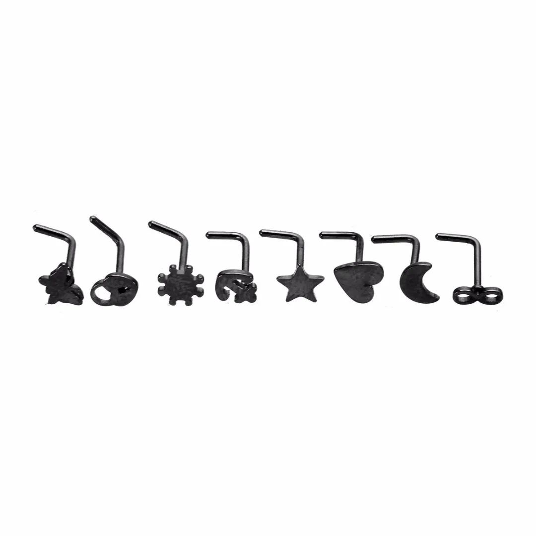 Stainless Steel Nose Rings & Studs Sexy Lady Body Piercing Set 8pcs L Shaped Heart Moon Star Nose Ring For Women Jewelry