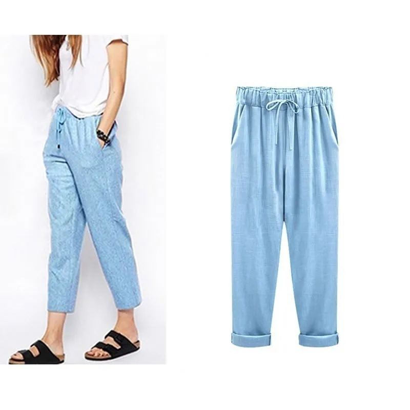 ZOGAA повседневные тонкие брюки для женщин с высокой талией брюки из хлопка и льна штаны с карманами офисные женские штаны модные - Цвет: Sky blue