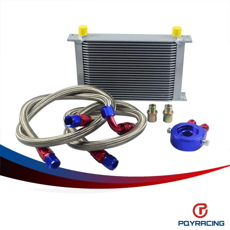 

PQY RACING- AN10 OIL COOLER KIT 25RWOS TRANSMISSION OIL COOLER SILVER+OIL FILTER ADAPTER BLUE + STAINLESS STEEL BRAIDED HOSE