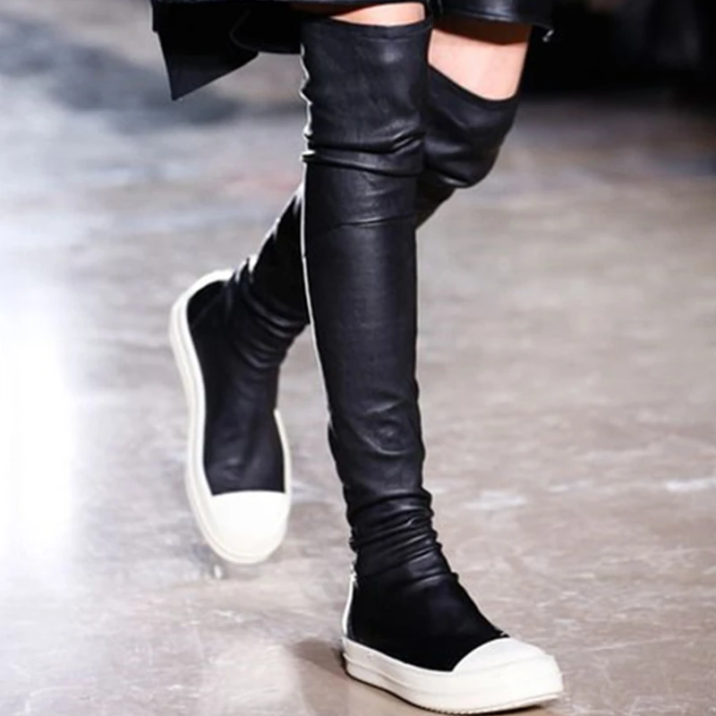 

Black Fabric Women Over the Knee Booes Fashion Genuine Leather Slip On Flats Motorcycle boots Runway Party Dress Shoes Woman 40