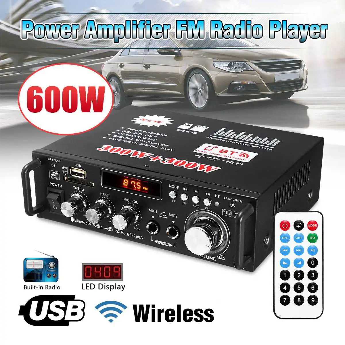 

HIFI 2CH Car Audio Power Amplifier 600W Stereo Subwoofer Bass Home Theater Amplifier Support bluetooth Remote Control FM Radio