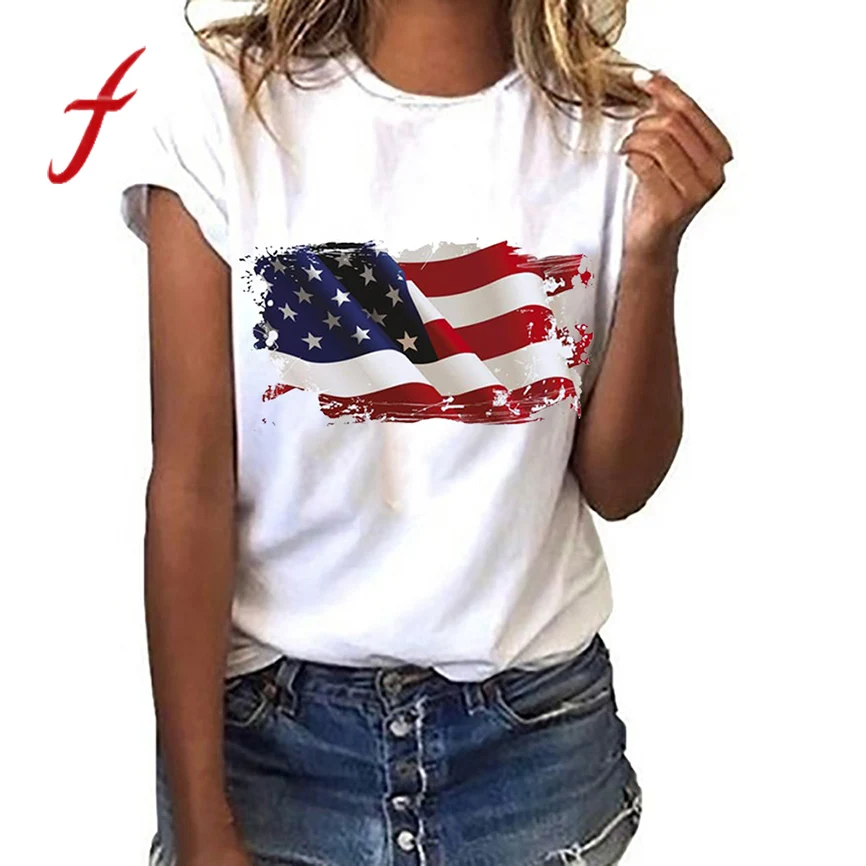 

Tshirt women 2019 New Arrival Women National Flag Independence Day Print Short Sleeve T-Shirt Hippie personalized multicolor top