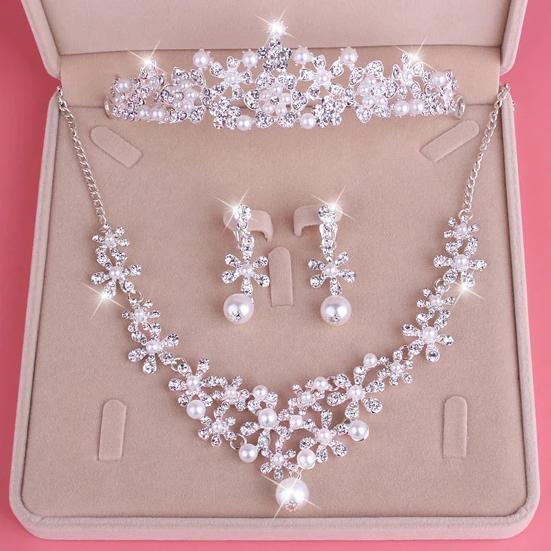 Buy Trendy Wedding Bridal Jewelry Sets Women Pearl Tiara Necklace Earrings