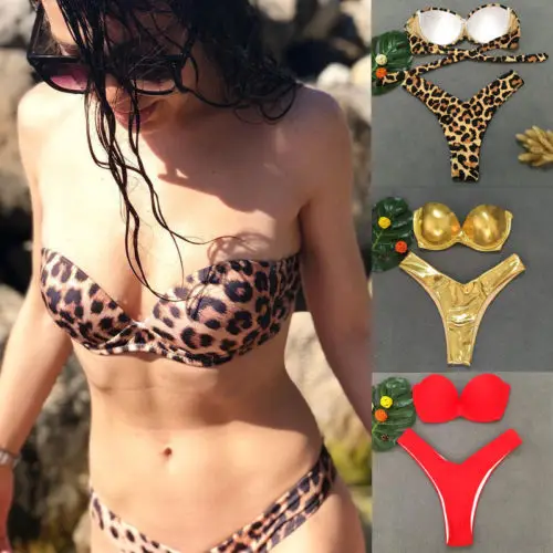 

Hot Ladies Padded Bikini Set Leopard Push-up Swimsuit Women Bandage Swimwear High Waist Girl Bathing Suit Off Shoulder Beachwear
