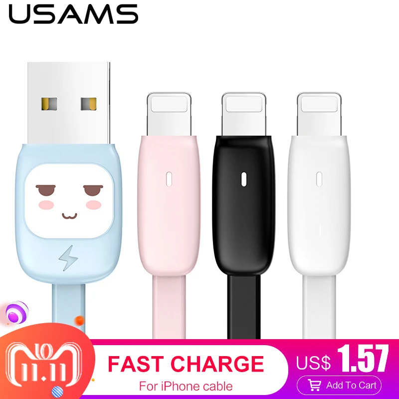 

USAMS Cartoon USB Cable For iPhone Apple X 8 7 6 5 6s plus Cable Fast Charging Cable Mobile Phone Charger Cord Adapter Usb Data