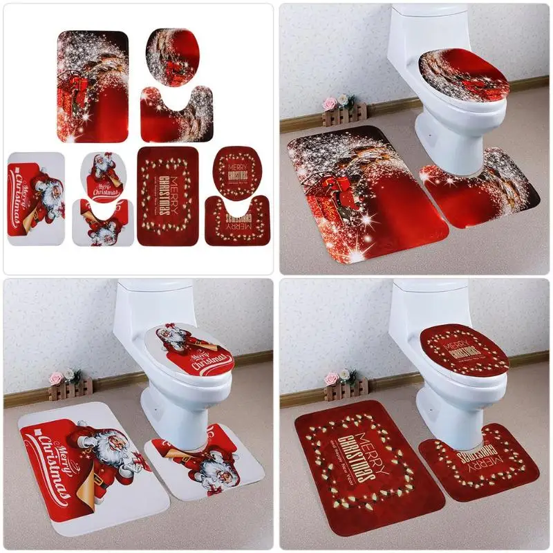 

3 Pcs Christmas Santa Claus Non Slip U Shape Square Mat Toilet Seat Cover Washable Floor Bath Mats Bathroom Carpet Accessories