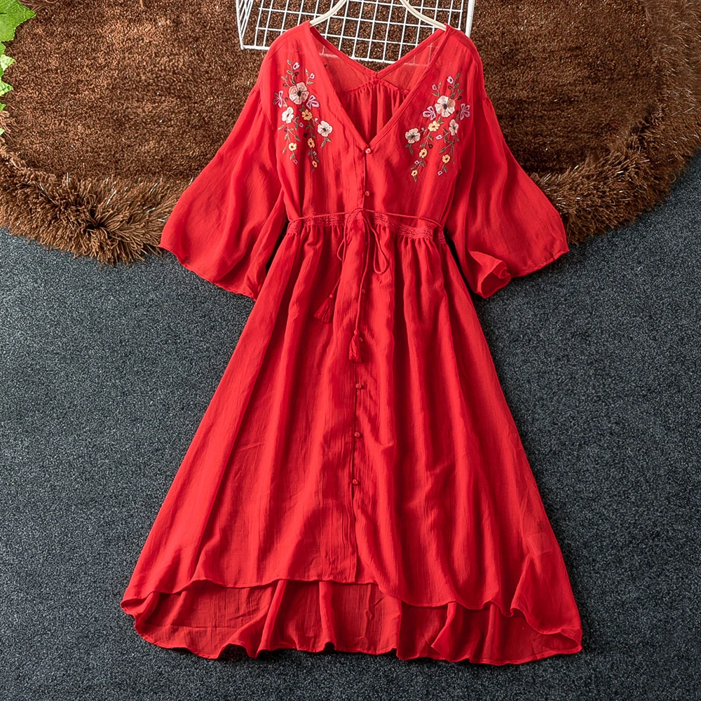 

Good Quality Flower Embroidery Kimono Dress V Neck Single Breasted Stylish Asymmetry Dress Women Elegant Summer Dresses Women