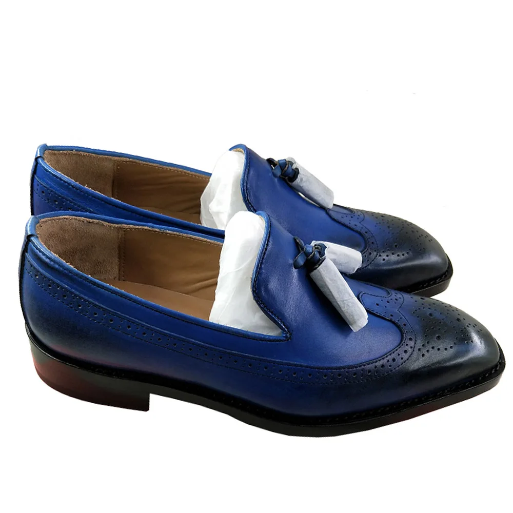 Leder Loafers Patina Quasten Kleid Mit Für Männer Wohnungen Sipriks Auf Luxus Flügelspitze Klassische Leafers Schuhe Geschnitzt brown Blau Beleg Blau qApctgw