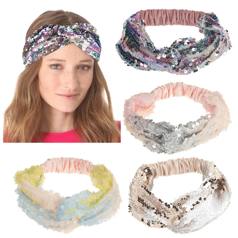 

New Colorful Mermaid Double-sided Sequin Headband Bow Wide Stretch Hairband Elastic Band Women Headwrap Hair Accessories