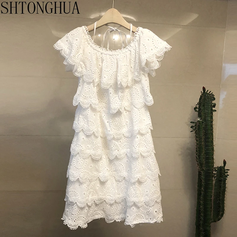 

SHTONGHUA High Quality Summer Slash Neck Dress Women Cotton Lace Cascading Ruffles Cake Dress Fashion Hollow Out Halter Vestidos