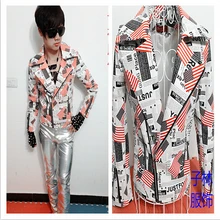 Певица ПУ Костюм для укладки волос стилист одежды тонкий кожаный мотоцикл газета популярные мужские костюмы кожа куртка пальто