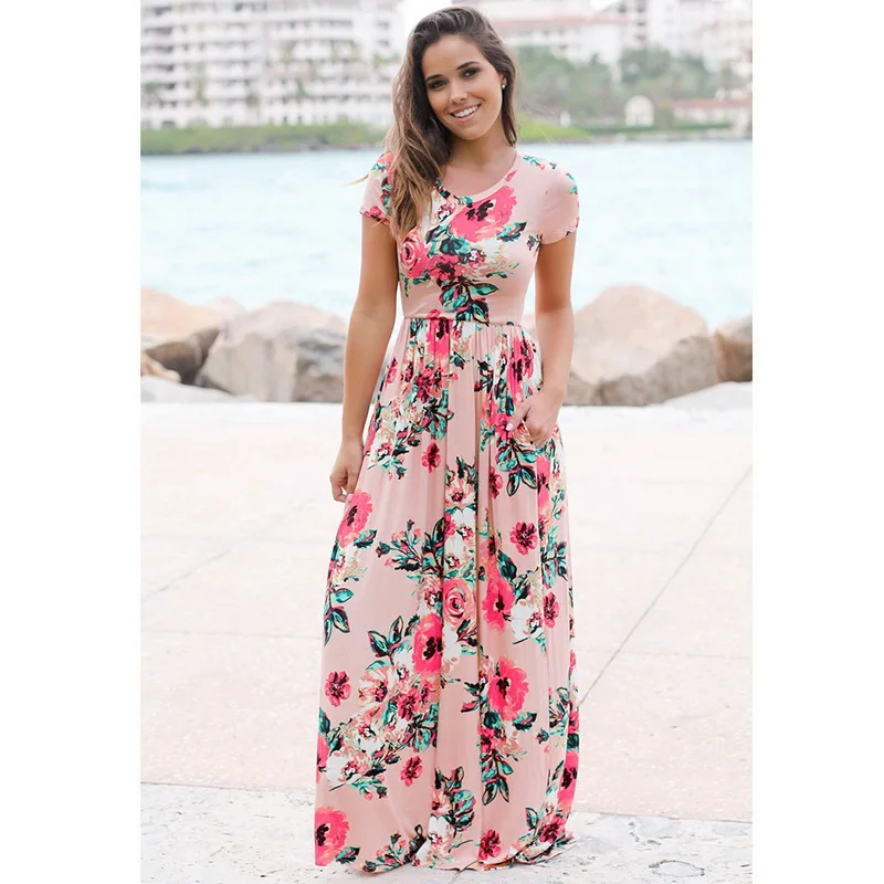 

Vacation Women Summer Bohemian Long Dress High Waist Floor Lenght O Neck Floral Printed Vestidos Elegant Beach Boho Dress Women