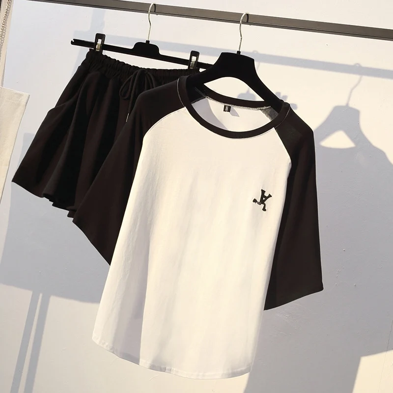 

Fashion Women O-Neck Color Block Short Sleeve Top & Solid Shorts Set Pockets Girls Tshirt Shorts Two Pieces Set