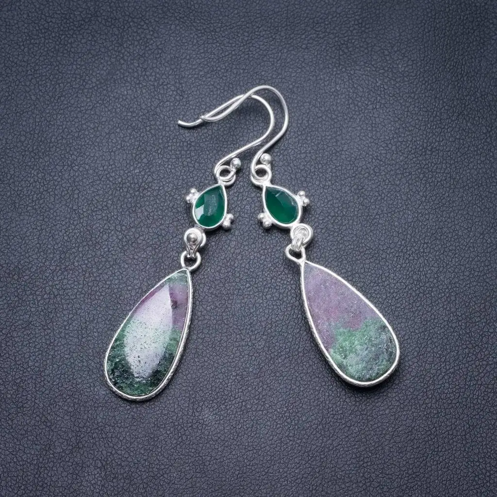 

Natural Ruby Zoisite and Chrysoprase Handmade Unique 925 Sterling Silver Earrings 2.25" Y3259