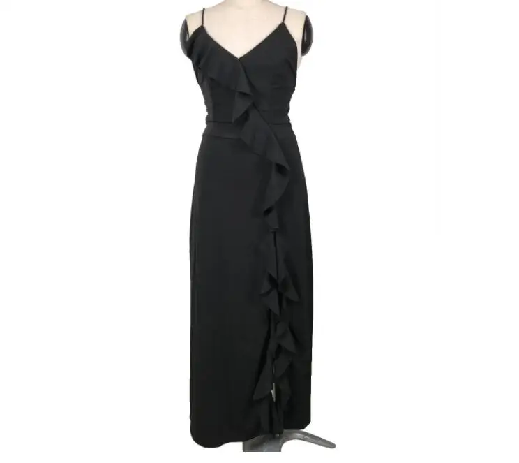Женское платье с рюшами, элегантное платье макси с открытой спиной и разрезом, длинное платье, летнее сексуальное платье с v-образным вырезом, Vestidos - Цвет: Черный