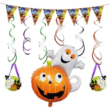

Halloween Decoration Kit Includes Balloon Hanging Swirls Banner Candy Bag Ribbon