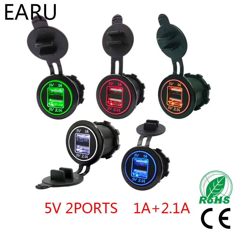 

DIY High Speed Car Charger Dual USB Vehicle DC12V-32V Waterproof 2 Port Power Socket Plug 5V 2.1A 1A LED Light Styling for Phone