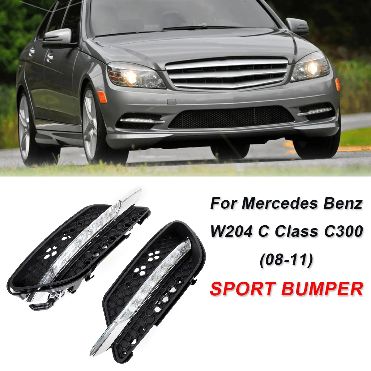 Left and Right LED DRL Daytime Running Light Lamp with Chrome Trim Compatible with 2008 2009 2010 2011 Mercedes W204 Sport//AMG Sport
