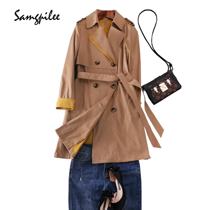 

2019 Sale Summer New Streetwear Broadcloth Full Sleeve Long Turn-down Collar Double Breasted Slim Solid Women Trench M-3xl