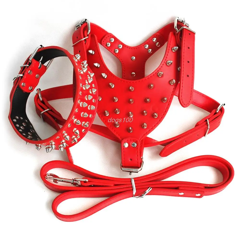 Leather Studded Dog Harness&Collar&Leash Set For Pitbull Bully Soft 2 Sizes