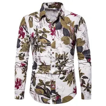 

Linen Shirts Men Long sleeve Floral Blouse Men's Clothing Casual Flower Men Shirts Slim Plus Size New