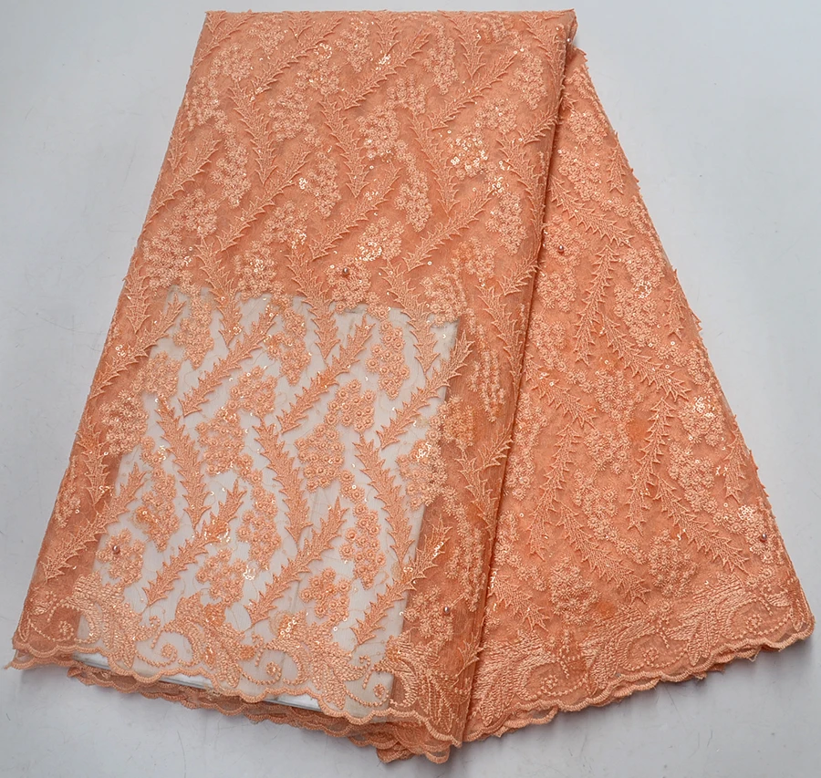 

Latest design Peach color African Laces With Sequins High Quality beaded African Tulle Lace Fabric For a wedding dress 5 yards