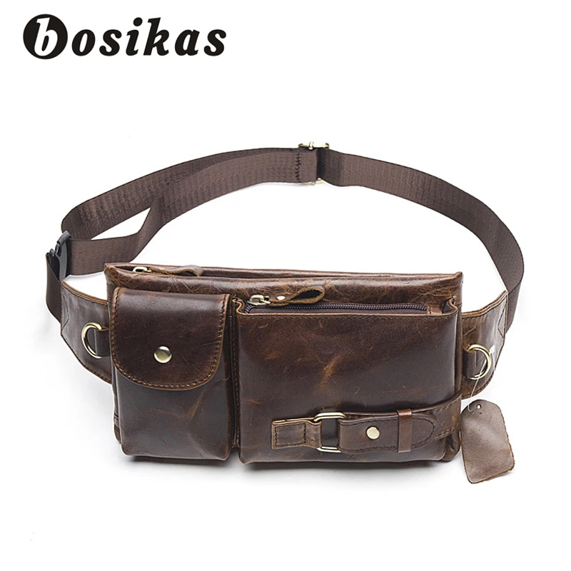 BOSIKAS الرجال الخصر حقيبة جلد أصلي للرجال أكياس غطاء إطار هاتف محمول السفر حزام نقود حقيبة جلد الخصر حزمة حزمة مراوح الخصور الحقيبة