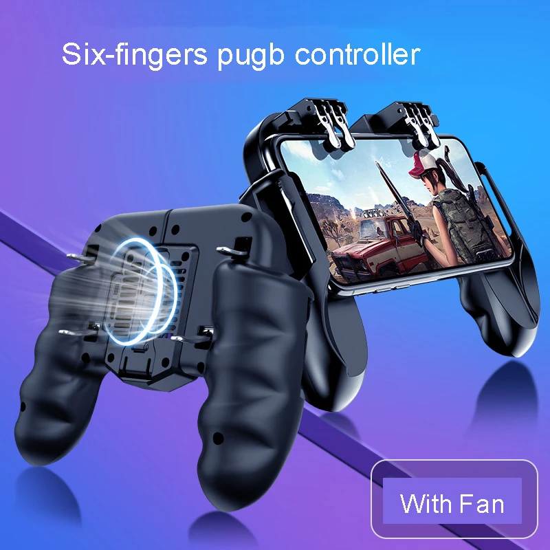 

Six-fingers Pubg Controller Dzhostik Gamepad Pubg Mobile Trigger L1R1 Shooter Joystick Game Pad Cooler Fan with Power for phone