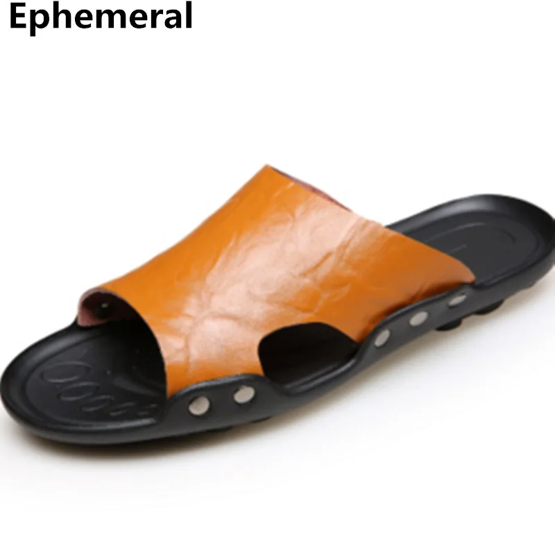 Для мужчин тапочки натуральная кожа пляжные шлепанцы Лето большего обувь размер 46 48 Orange черные мужские сандалии без каблука модные шлепанцы - Цвет: orange